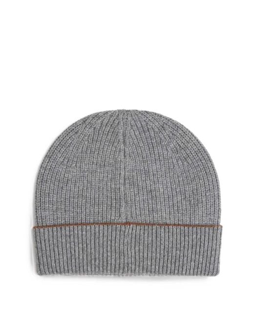 Canali Gray Ribbed-Knit Logo-Patch Beanie Hat for men