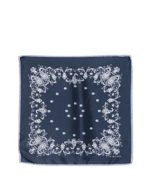 Etro Blue Silk Scarf With Placed Floral Paisley Print for men