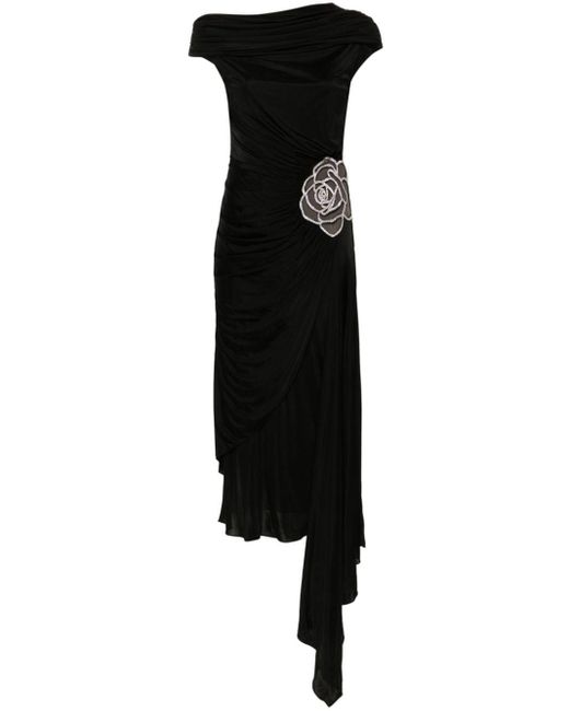 David Koma Black Asymmetric Ruched Midi Dress