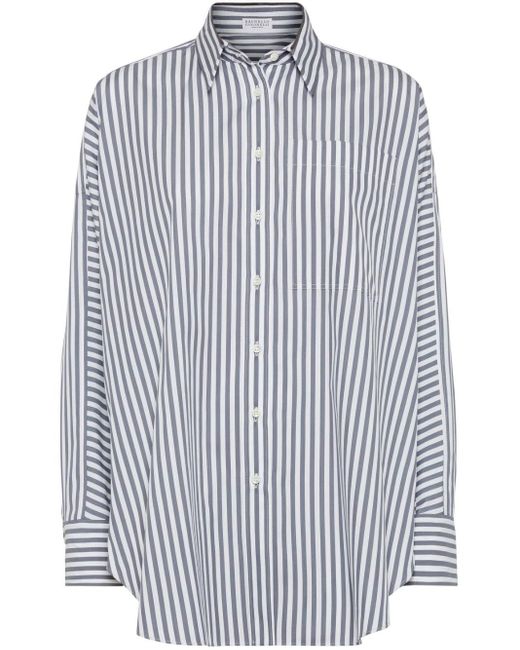 Brunello Cucinelli Blue Striped Cotton-silk Oversize Shirt