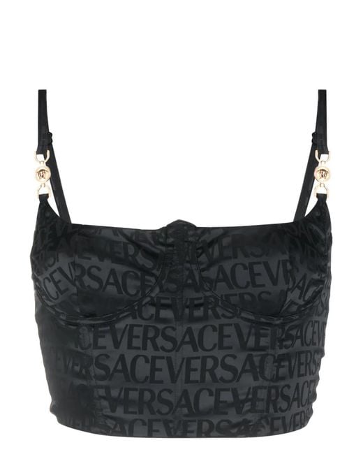 Versace Black Allover-Print Corset-Style Bra