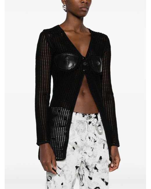 Alexander Wang Open knit Leather detail Cardigan in Black Lyst