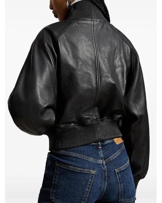 Polo Ralph Lauren Black Ribbed-Trim Leather Jacket