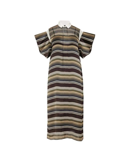 Sacai Brown Striped Short-Sleeve Midi Dress