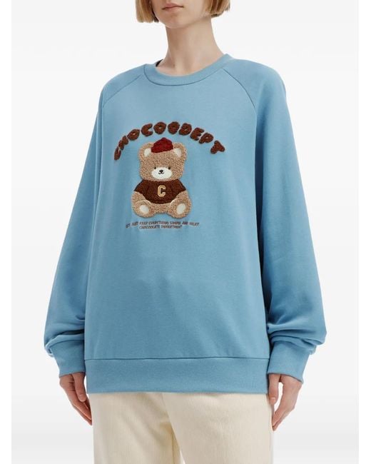 Chocoolate Blue Bear-Embroidered Raglan-Sleeved Sweatshirt