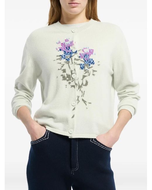 Barrie White Cashmere With Floral Motif Cardigan