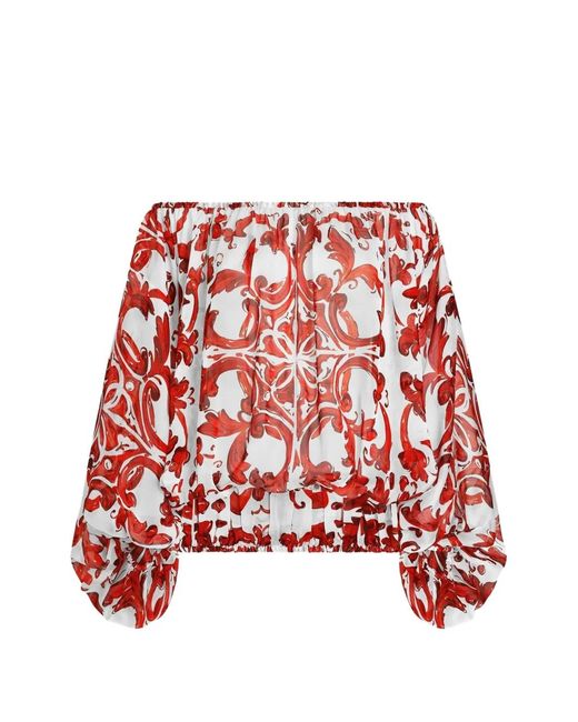 Dolce & Gabbana Red Majolica-Print Poplin Top