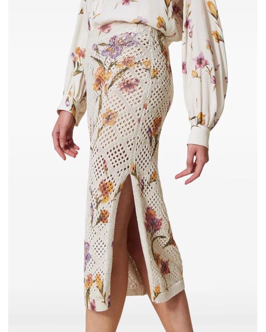 Twinset Natural Floral-Print Midi Skirt