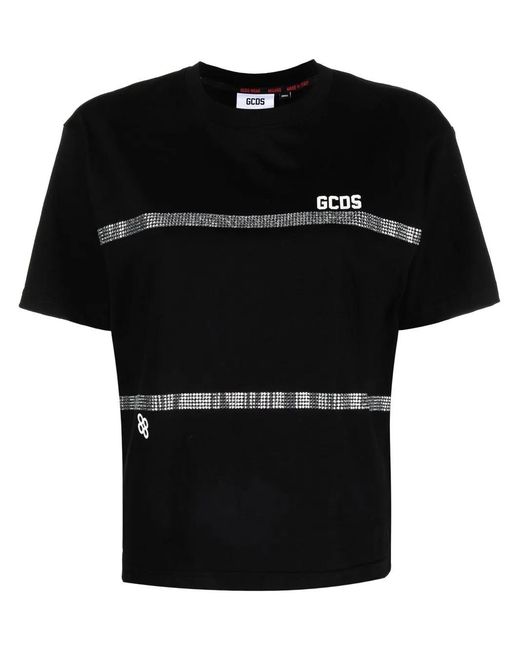 Gcds Black Striped T-shirt With Rhinestones