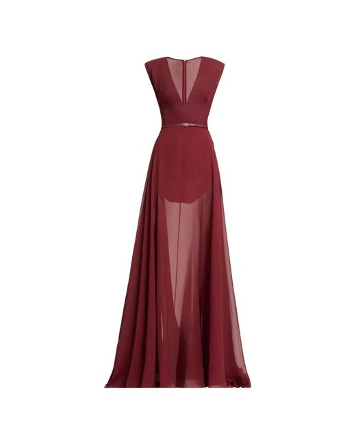 Elie Saab Red V-Neck Belted Maxi Dress