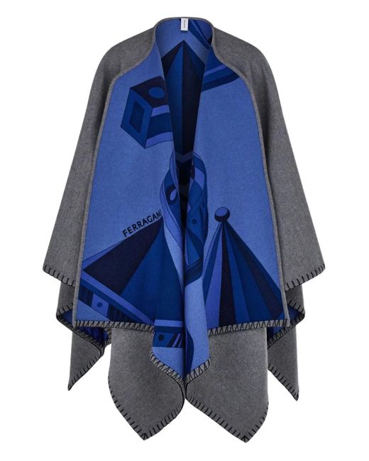 Ferragamo Blue Geometrical Renaissance Print Reversible Cape