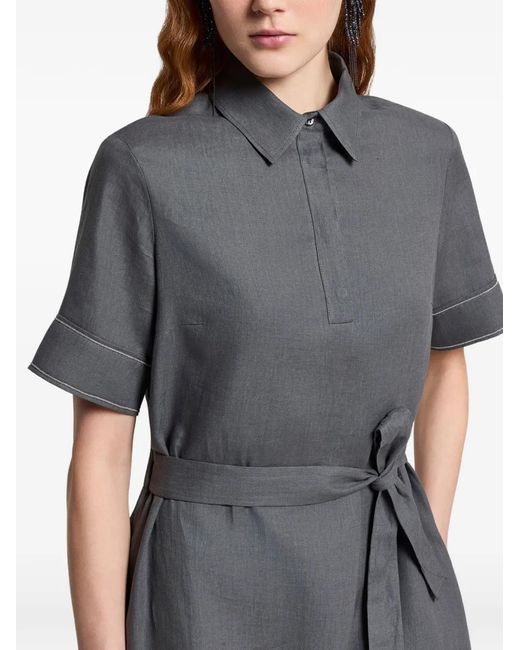 Peserico Gray Polo-Collar Belted Midi Dress