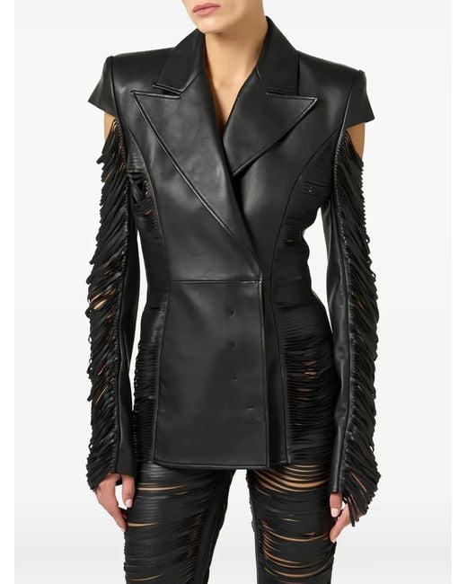 Elisabetta Franchi Black Double-Breasted Fringed Leather Jacket