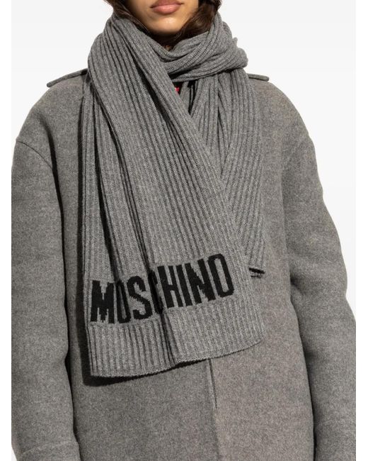 Moschino Gray Intarsia Knit Logo Ribbed Scarf