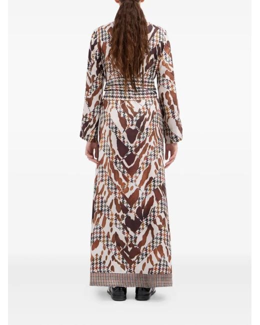 Pierre Louis Mascia Brown Houndstooth-Pattern Animal-Print Maxi Dress