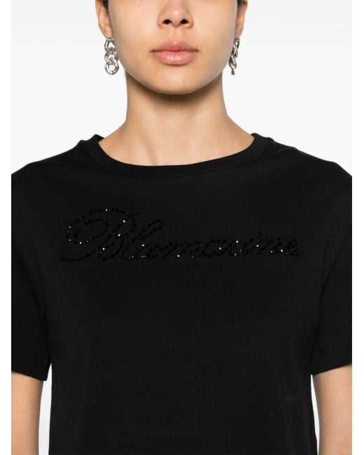 Blumarine Black Rhinestone-embellished Cotton T-shirt