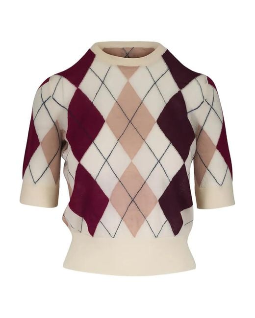 Khaite Pink Argyle-Pattern Short-Sleeves Top