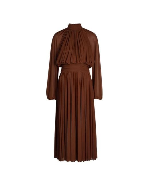 Ronny Kobo Brown Blythe Pleated High-Neck Midi Dress