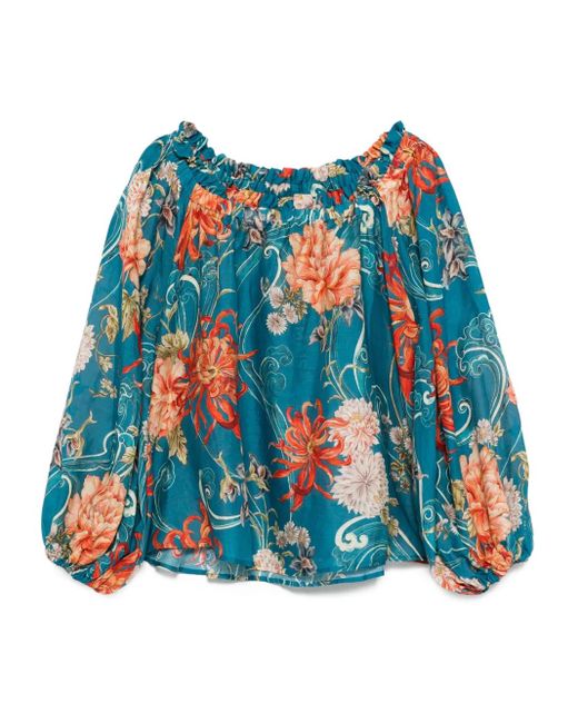 ALÉMAIS Blue Schulterfreie Bluse Mit Blumen-Print