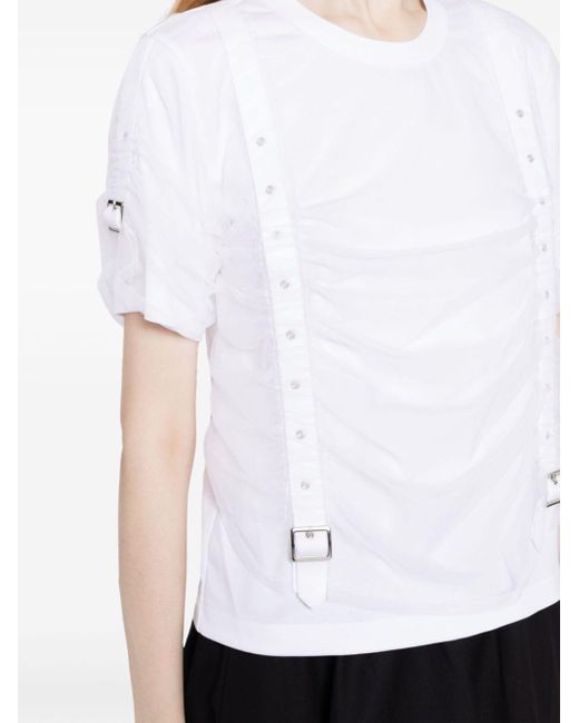 Noir Kei Ninomiya White Buckle-embellished Tulle-overlay T-shirt