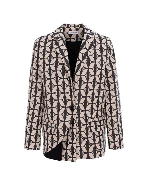 CuAnna White Geometric-Print Asymmetric Jacket