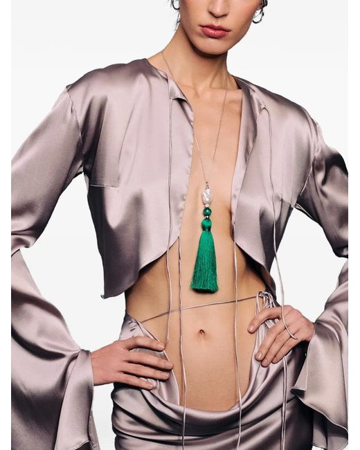 Elle Macpherson Green Collier Sautoir À Breloque Frangée En Perles