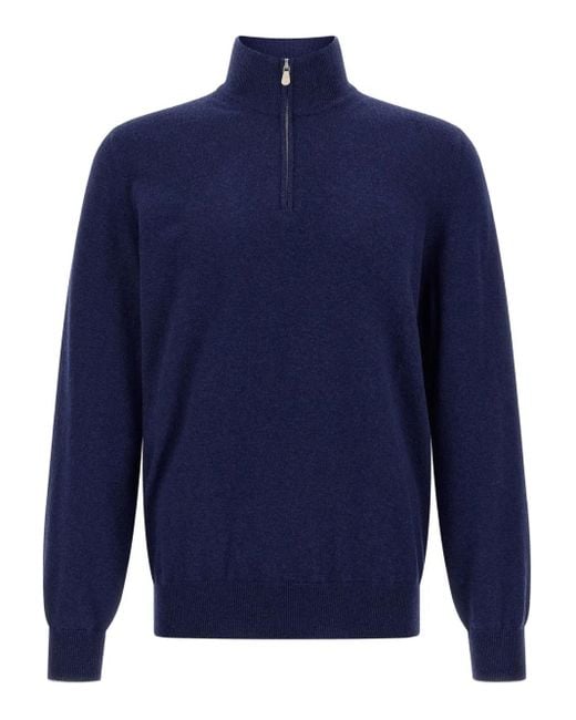 Maglione A Collo Alto Con Mezza Zip di Brunello Cucinelli in Blue da Uomo