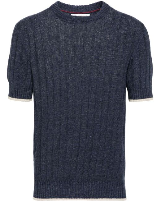 Brunello Cucinelli Blue Contrasting-trim Knitted T-shirt for men