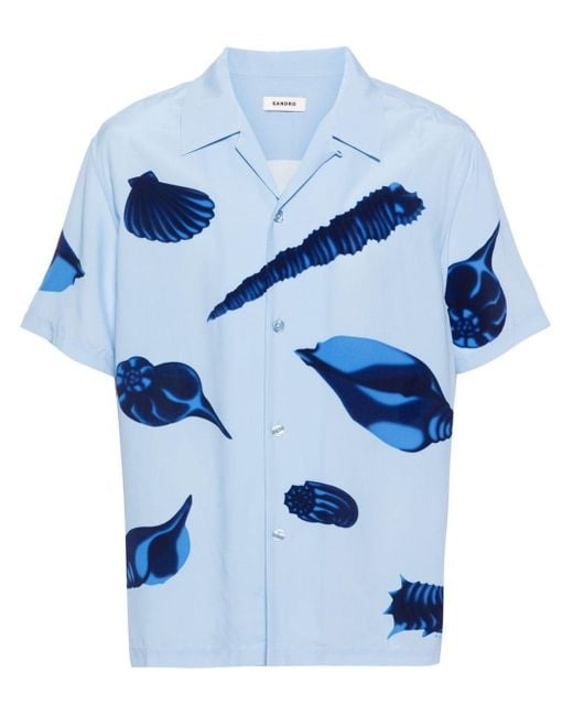 Sandro Blue Seashell-print Relaxed-fit Woven Shirt for men
