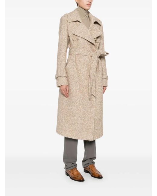 Tagliatore Natural Belted Herringbone-Pattern Coat