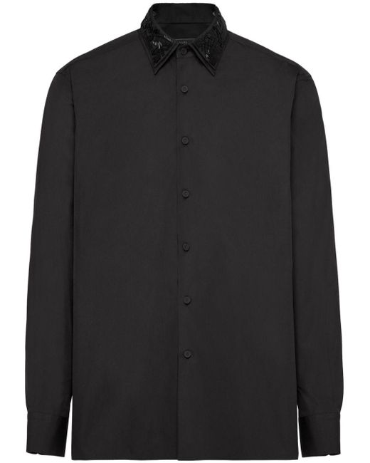 Beaded-collar cotton shirt Prada pour homme en coloris Black