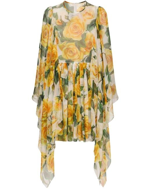 Dolce & Gabbana Yellow Silk Chiffon Rose-Print Dress