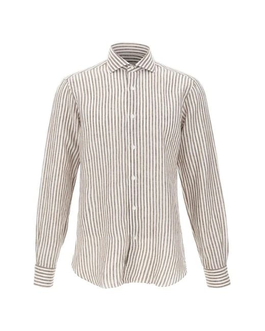 Barba Napoli White Striped Button Linen Shirt for men