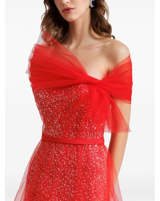 Gemy Maalouf Red Robe Ornée De Sequins À Détail De Nœud