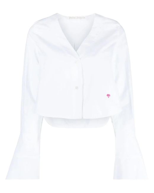 Palm Angels White Flute-Sleeves Cropped Cotton Shirt