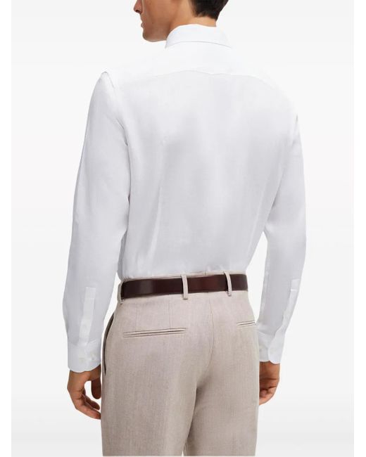 Boss White Spread-Collar Linen Shirt for men