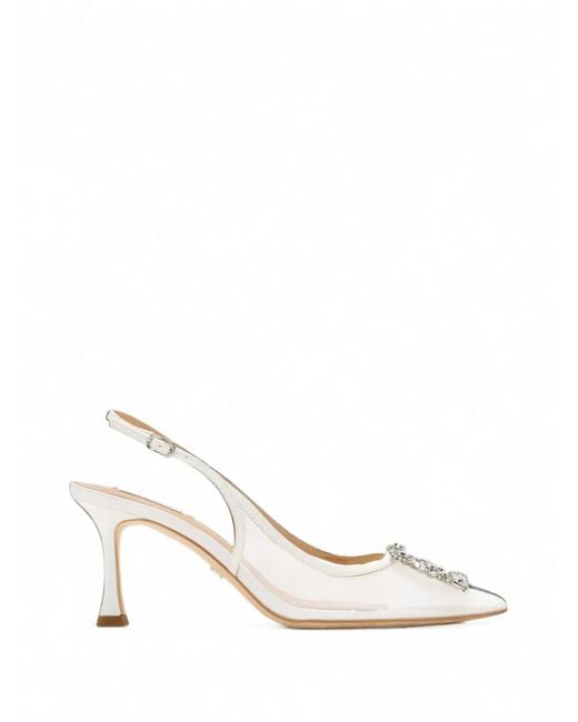 Badgley Mischka White Yuta Crystal-Embellished Mesh Pumps