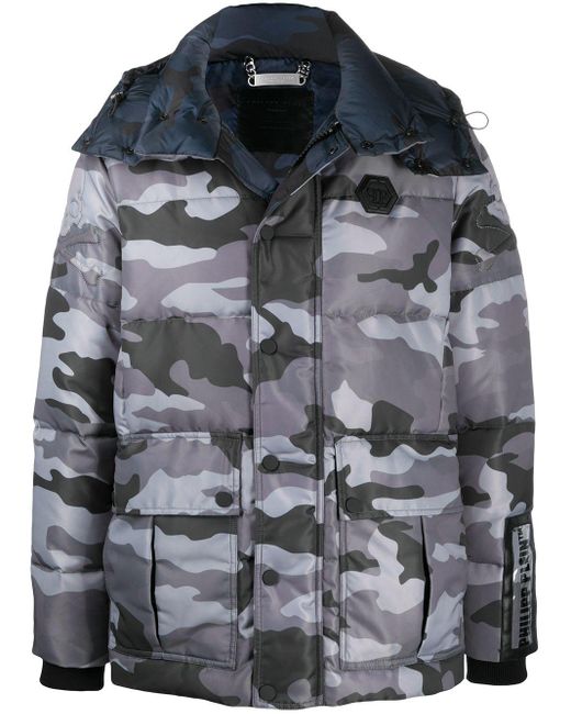 Philipp Plein Synthetic Camouflage Print Puffer Coat in Grey (Grey) for Men  - Lyst