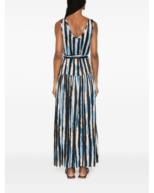 Pinko Blue Once Long Dress With Vertical Stripes And Belt