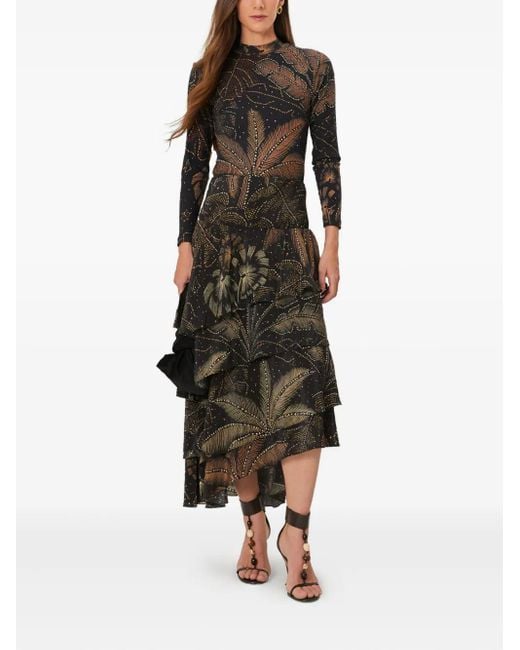 Farm Rio Black Foliage Tiered Printed Midi Skirt