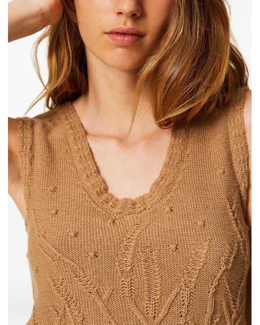 Twinset Natural Cable-Knit Floral-Pattern Vest