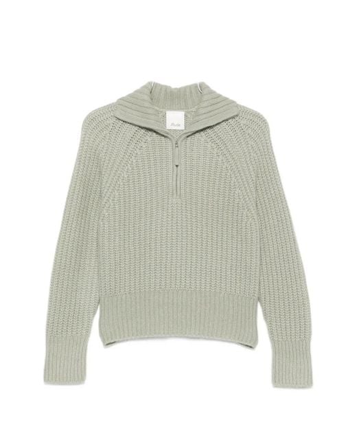 Allude Green Ribbed-Knit Zip-Up Sweater