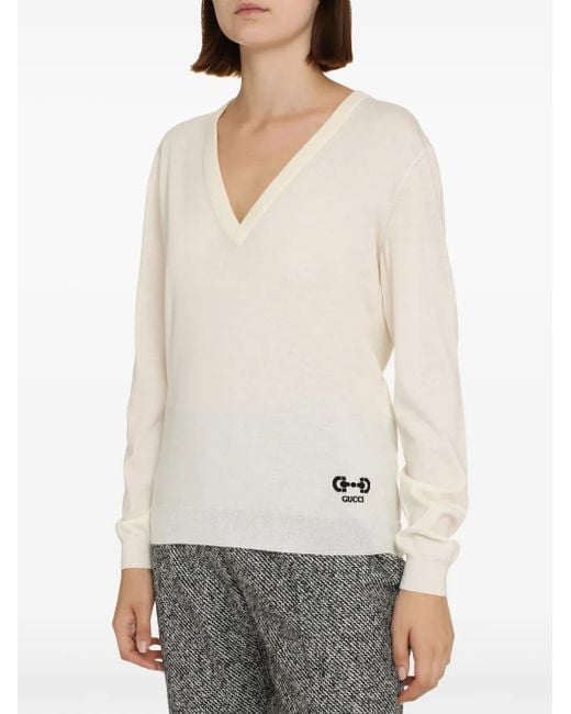 Gucci Natural Gg V-Neck Wool Jumper