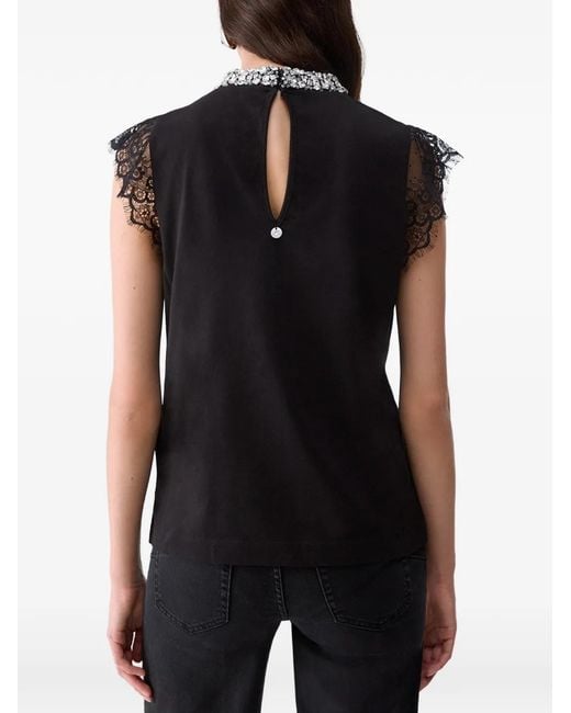 Liu Jo Black T-Shirt With Lace And Rhinestones