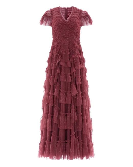 Needle & Thread Red Aviana Ruffled V-Neck Maxi Dress