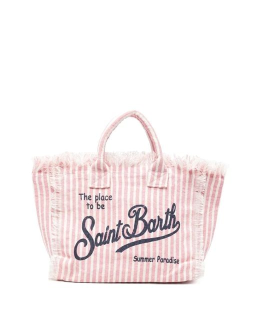 Mc2 Saint Barth Pink Striped Fringed Beach Bag