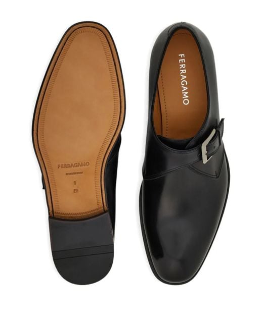 Ferragamo Black Buckle-Fastening Leather Monk Shoes for men