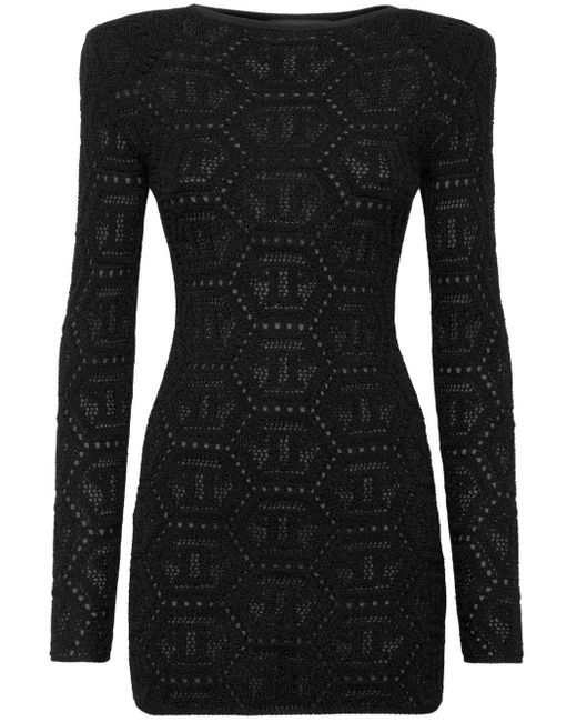 Philipp Plein Black Monogram-pattern Lurex-knit Minidress