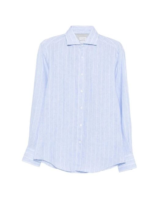 Brunello Cucinelli メンズ ブルー ストライプ シャツ