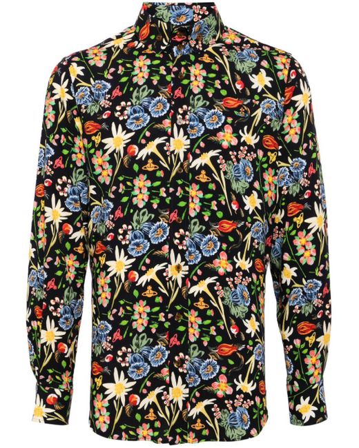 Vivienne Westwood Black Embroidered-orb Floral-print Shirt for men